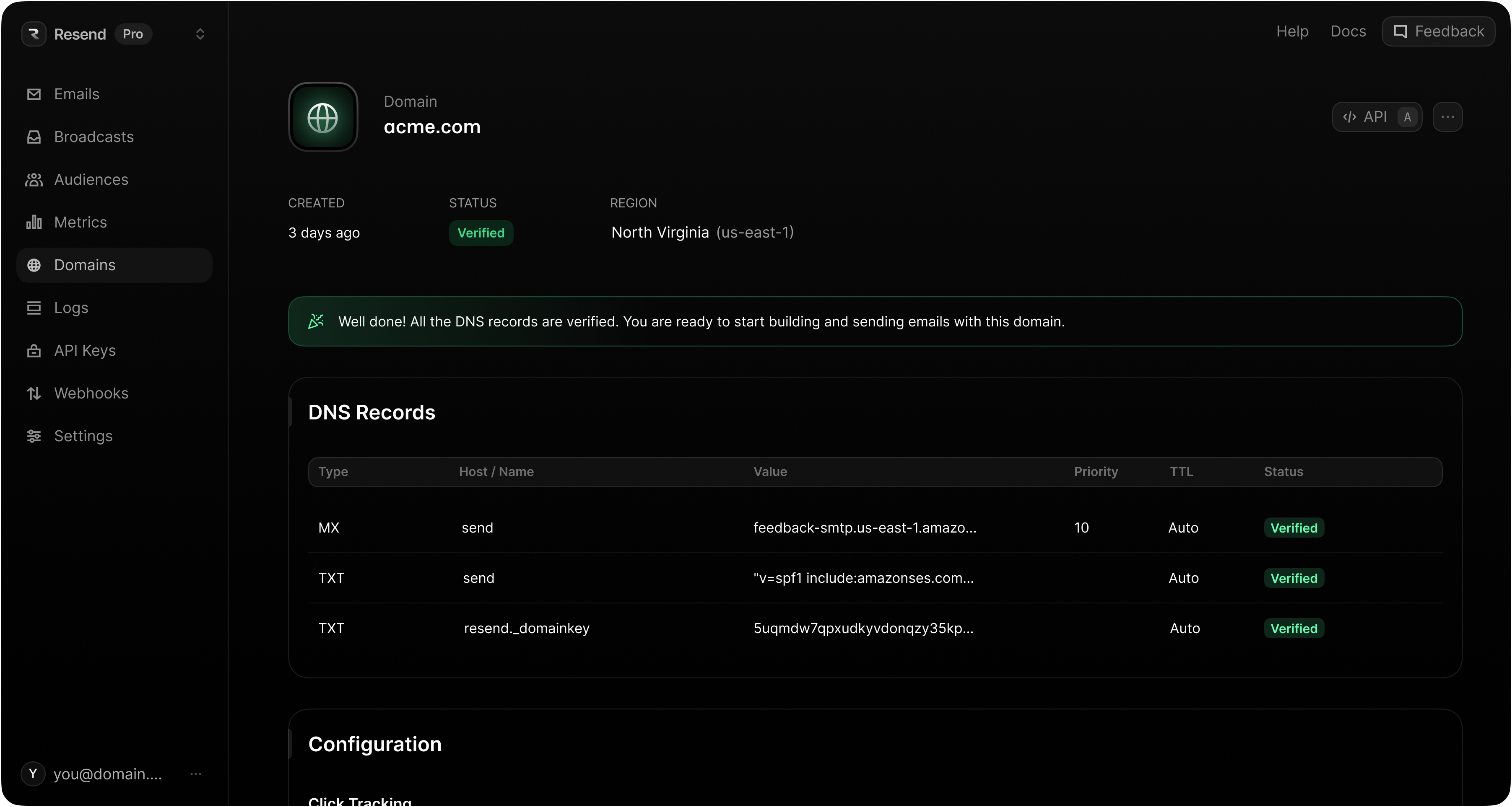 Resend Domains page